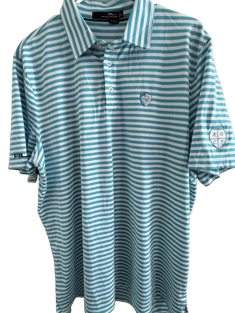 RLX Ralph Lauren Striped Golf Polo Men XL Blue White Athletic Tennis Shirt